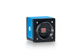 Black and blue camera with rectangular sensor and black lens mount.