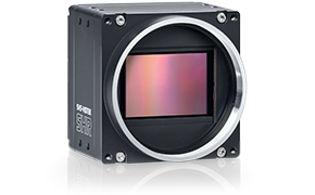 Schwarze Industrie-Kamera mit großem, offenem Sensor und silberfarbenem M72-Mount.