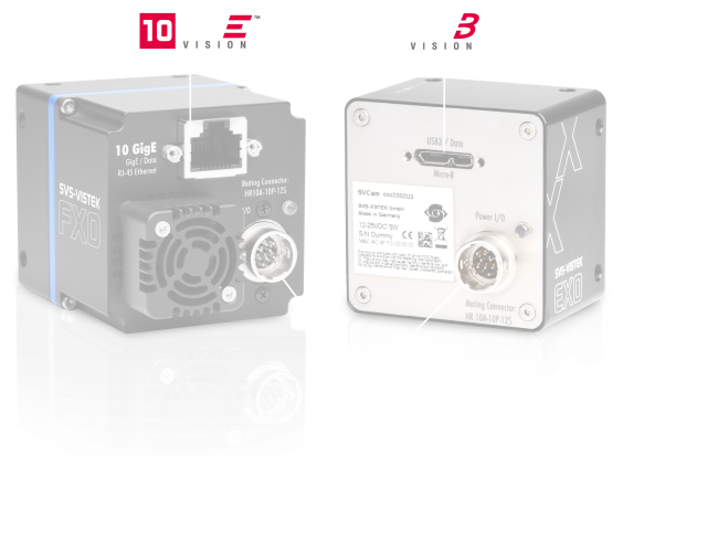 2台の黒いカメラの背面。1台は10 GigE Vision接続、もう1台はUSB3 Vision接続。どちらもヒロセ/パワフルI/O接続。