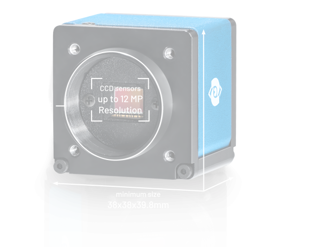 带标签的黑蓝色相机：1200 万像素 CCD 传感器，C 型卡口，尺寸 38x38x39.8mm。