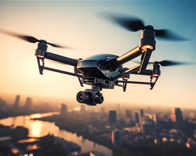Drohne fliegt über eine Stadt bei Sonnenuntergang.