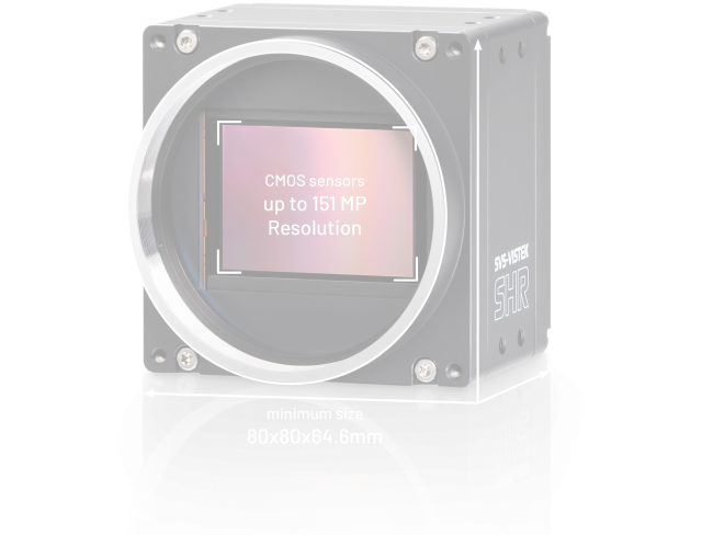 Schwarze Kamera mit Beschriftung: 151 MP CMOS-Sensor, M72-Mount und den Maßen 80x80x64,6 mm.