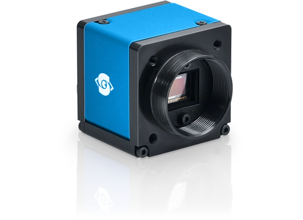 Schwarz-blaue Kamera mit rechteckigem Sensor und schwarzem Objektiv-Mount.